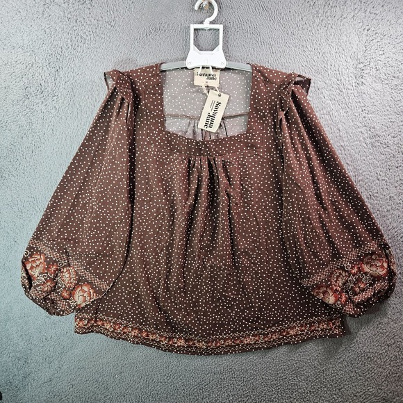 NEW Savanna Jane Top Blouse Women 1X Embroidered Hem Square Neck Polka Dot Brown - Picture 1 of 10